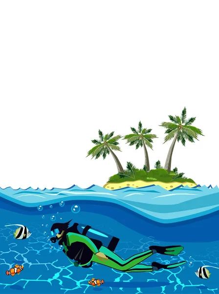 Buceador nadando bajo el agua cerca de la isla — Archivo Imágenes Vectoriales