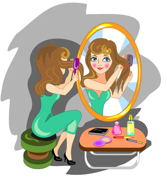 Kvinna kamma håret framför en spegel — Stock vektor
