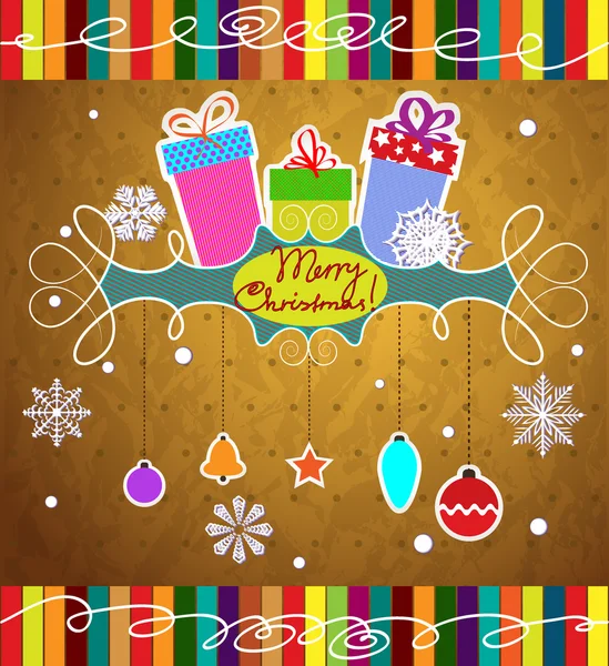 Вінтажний різдвяний фон з подарунковими коробками та сніжинками — стоковий вектор