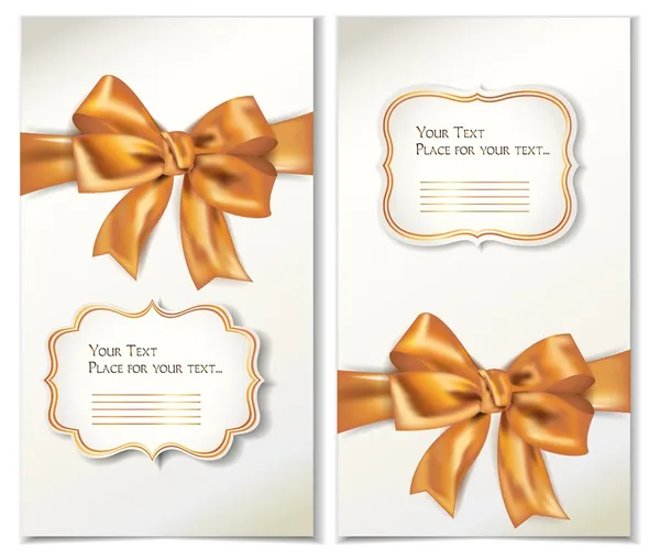 Set of cards with gold bows and ribbons — Stock Vector