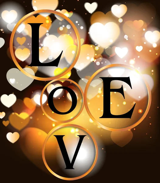 Holiday guld bakgrund med hjärtan och bokstäver kärlek — Stock vektor
