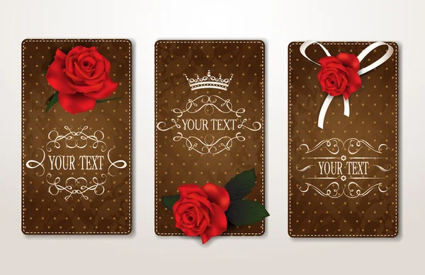 Set van elegante vintage kaarten met rode rozen — Stockvector