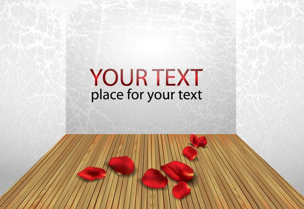 Innenraum mit weißen Wand und Fußboden mit Rosenblüten und Platz für text — Stockvektor