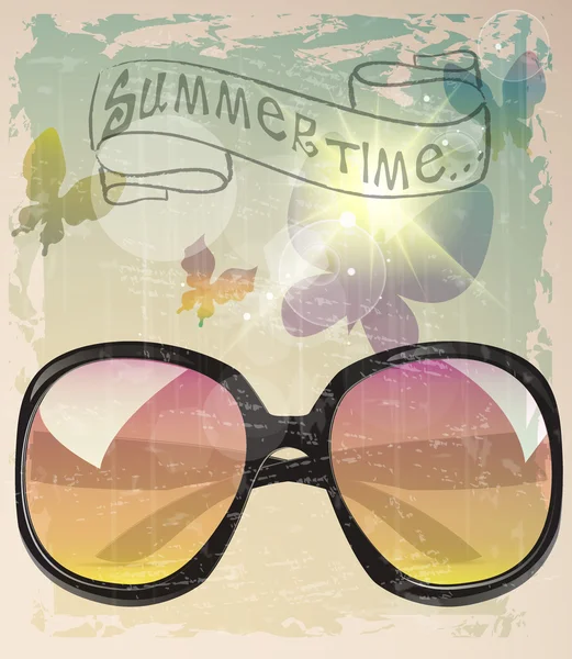 Vintage summer poster with sunglasses and butterflies — Stock Vector