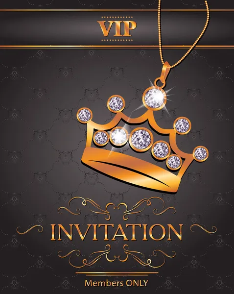 Tarjeta de invitación vip con corona de oro en forma de colgante con diamantes — Archivo Imágenes Vectoriales