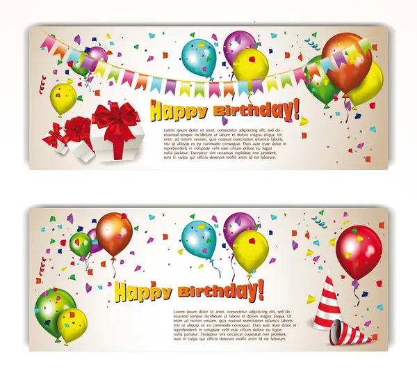 Alquiler vacaciones coloridos carteles con globos y cajas de regalo — Vector de stock