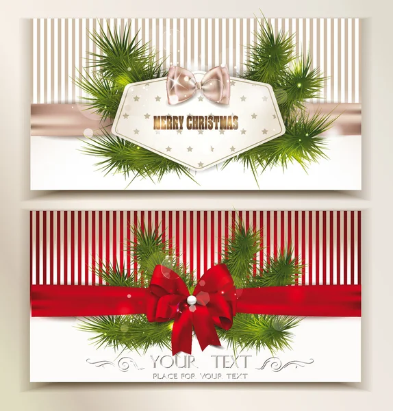 Conjunto de elegantes tarjetas de Navidad con ramas de árbol de navidad y los lazos de seda — Vector de stock