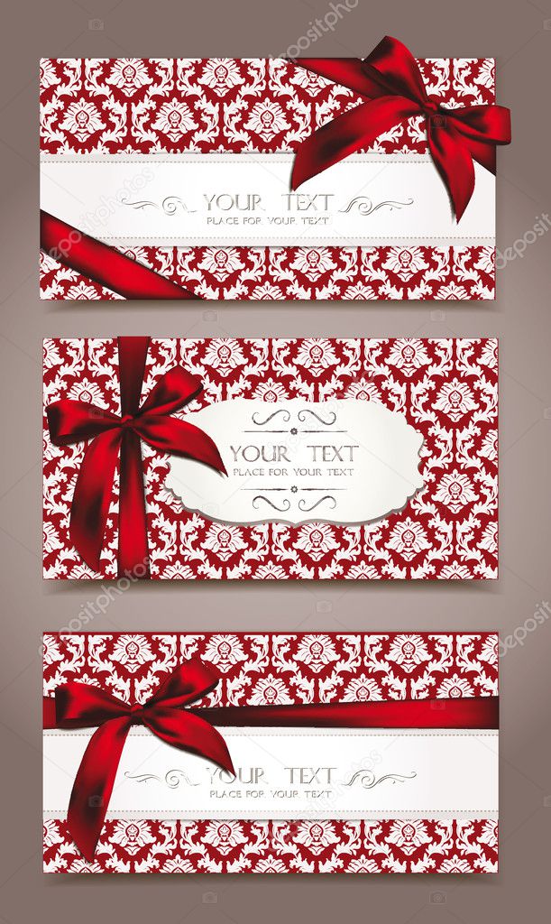 Set of elegant red greeting cards with red ribbon