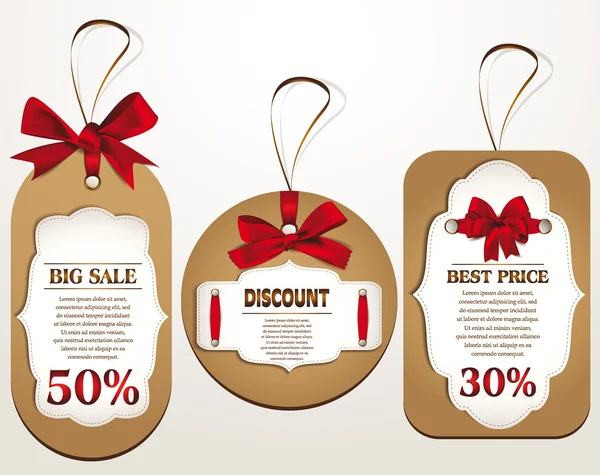 Discount tags with red ribbons. Vector illustration — 스톡 벡터