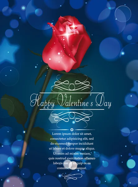 Valentine's Day greeting card with red rose on the blue background — Stock Vector