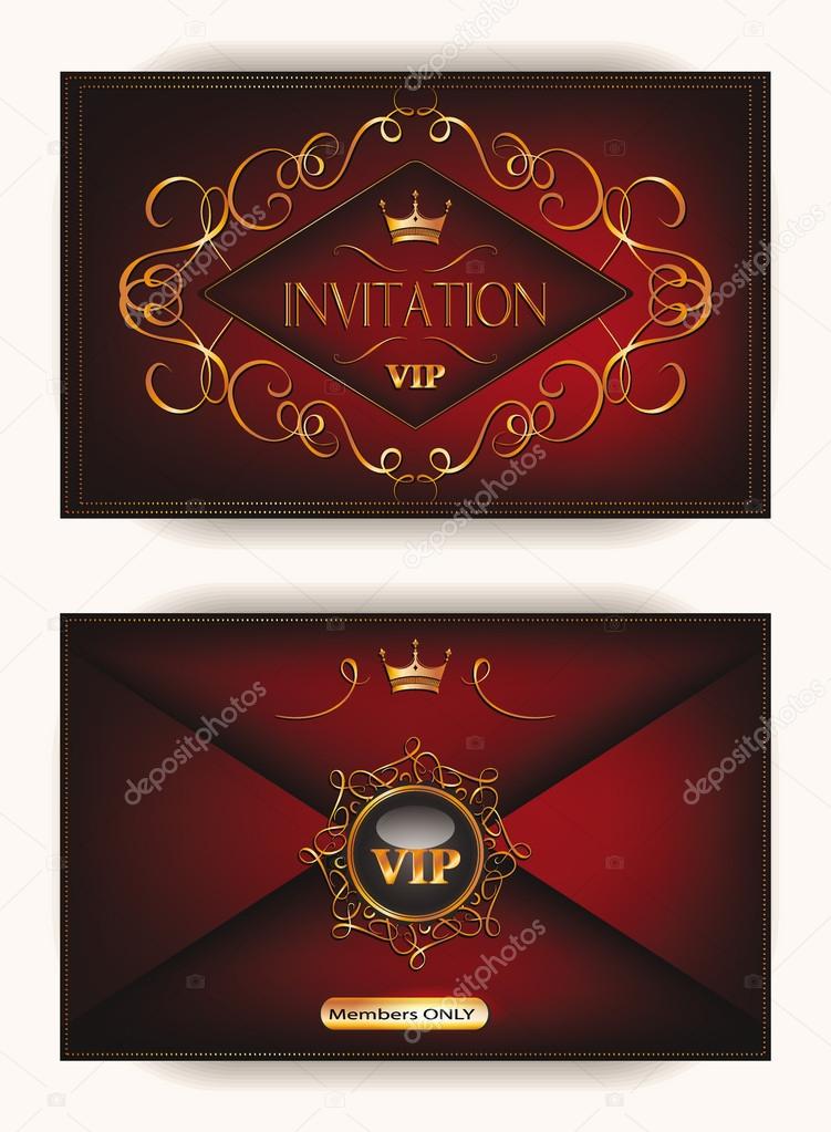 Elegant vintage gold vip invitation envelope with crown on the red background
