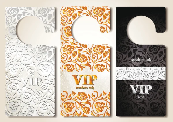 Set of gold VIP door tags with floral design elements — Stock Vector