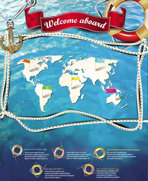 Mariene achtergrond sjabloon met de zee ontwerpelementen en kaart van de wereld — Stockvector