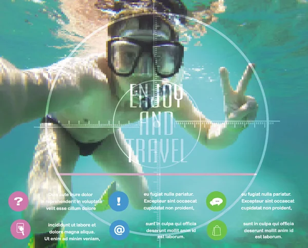 Vektor pixel mall affisch med dykaren med dykning mask i bakgrunden — Stock vektor
