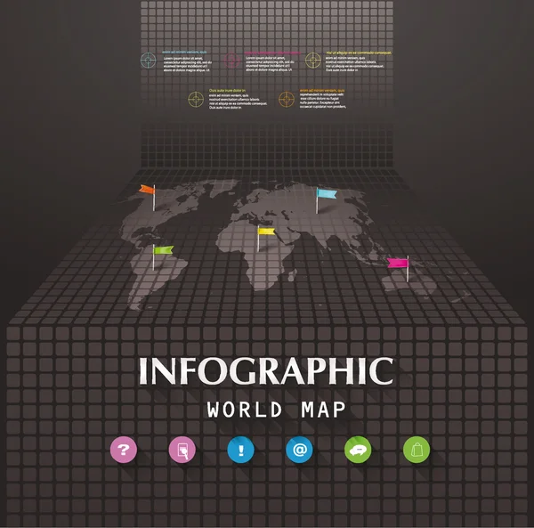 Infographic world map with flag-pointers and web icons Stock Illustration