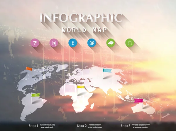 Cloudy sky background with infographic design elements and world map Vector Graphics