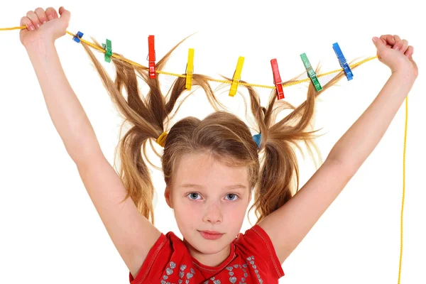 Girl with paperclips in hair — Stock Photo, Image