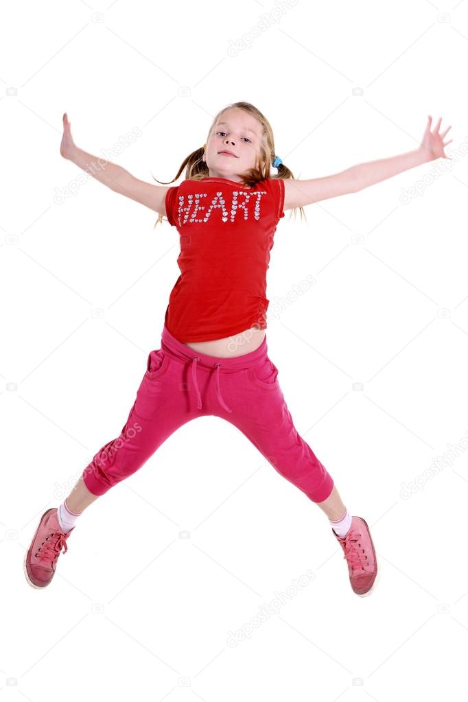 Girl jumping isolated on white background