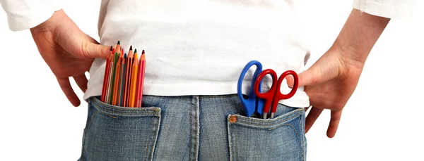 Crianças criativas, lápis coloridos no bolso — Fotografia de Stock