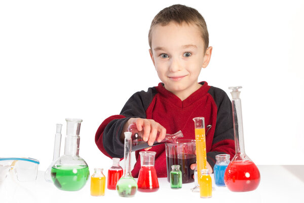 Child in chemistry class, chemistry lesson in lab