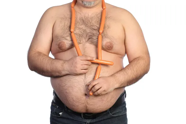 一个胖男人和香肠 — 图库照片