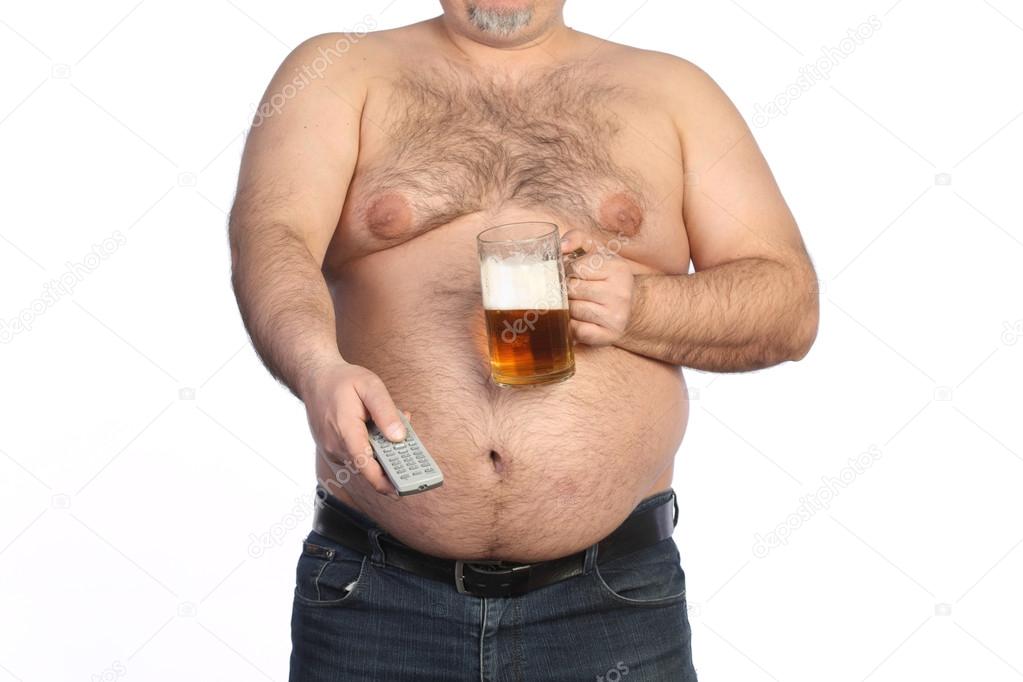 Fat man holding beer, chips and tv remote