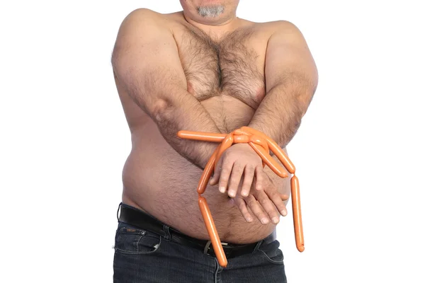 Dikke man en worst — Stockfoto