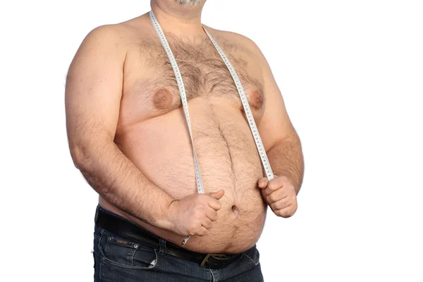 Fat man holding a measurement tape — Stock Photo, Image