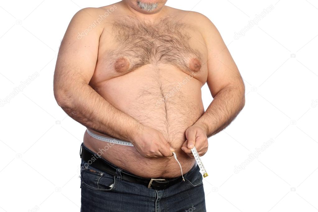 Fat man holding a measurement tape