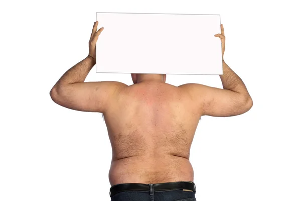 Hombre gordo con pancarta — Foto de Stock