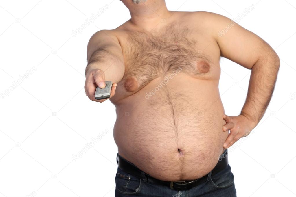 Fat man holding tv remote control