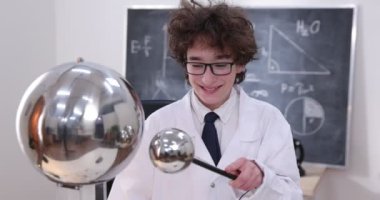 Eğitim, fen ve çocuk konsepti. Fizik laboratuvarı için gözlük takan çocuk elektrik testleri yapıyor. Laboratuvarda elektriksel deşarj okuyan bir çocuk.