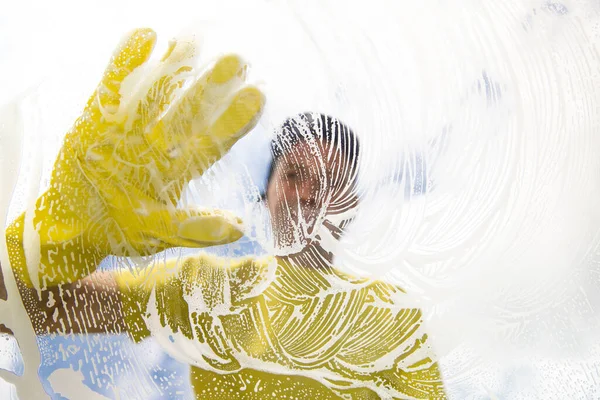 Window Cleaner Sponge Cleaning Glass Window Cleaning Conept Image — ストック写真