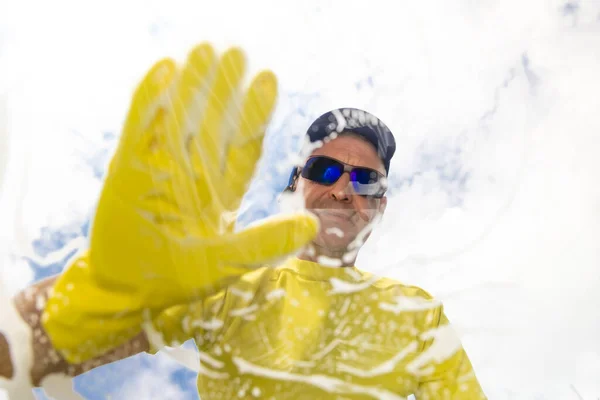 Window Cleaner Cleaning Window Squeegee Wipe — Stock Photo, Image