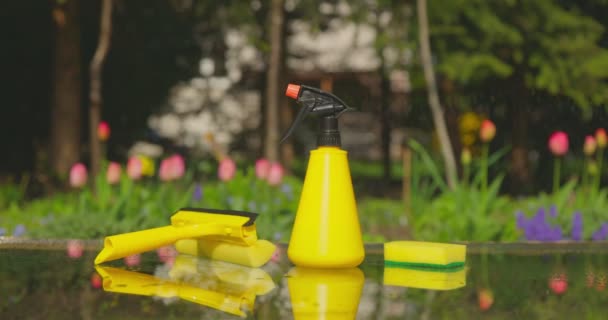 Tools for cleaning windows against a background of a spring garden. Housework concept — Vídeo de stock