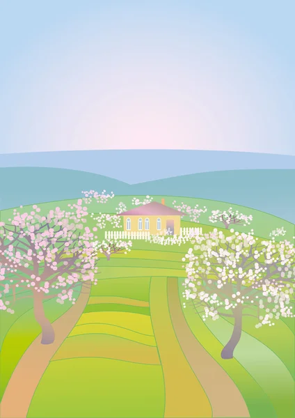 Paisaje de primavera con árboles florecientes — Vector de stock