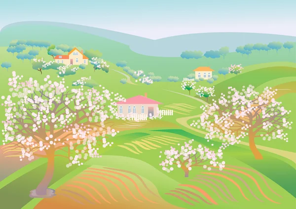 Paisaje de primavera con árboles florecientes — Vector de stock