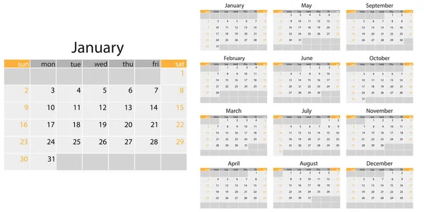 2022年，日历。矢量图解。周从周日开始. — 图库矢量图片