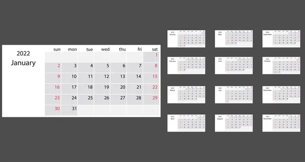 2022 Año Calendario Vector Ilustración Plano — Vector de stock