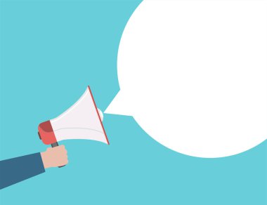 Vektör çizimi. Düz dizayn. Kabarcık konuşması, el megafonu simgesi