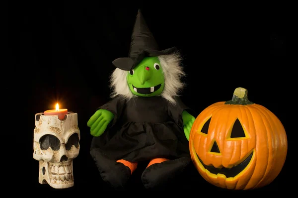 Halloween schedel, heks & jack o — Stockfoto