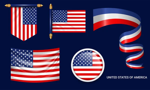 Various American Flags Set Isolated White Background — Vector de stock