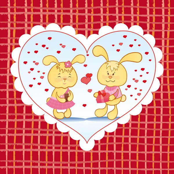 Fondo brillante con corazones y conejos — Vector de stock