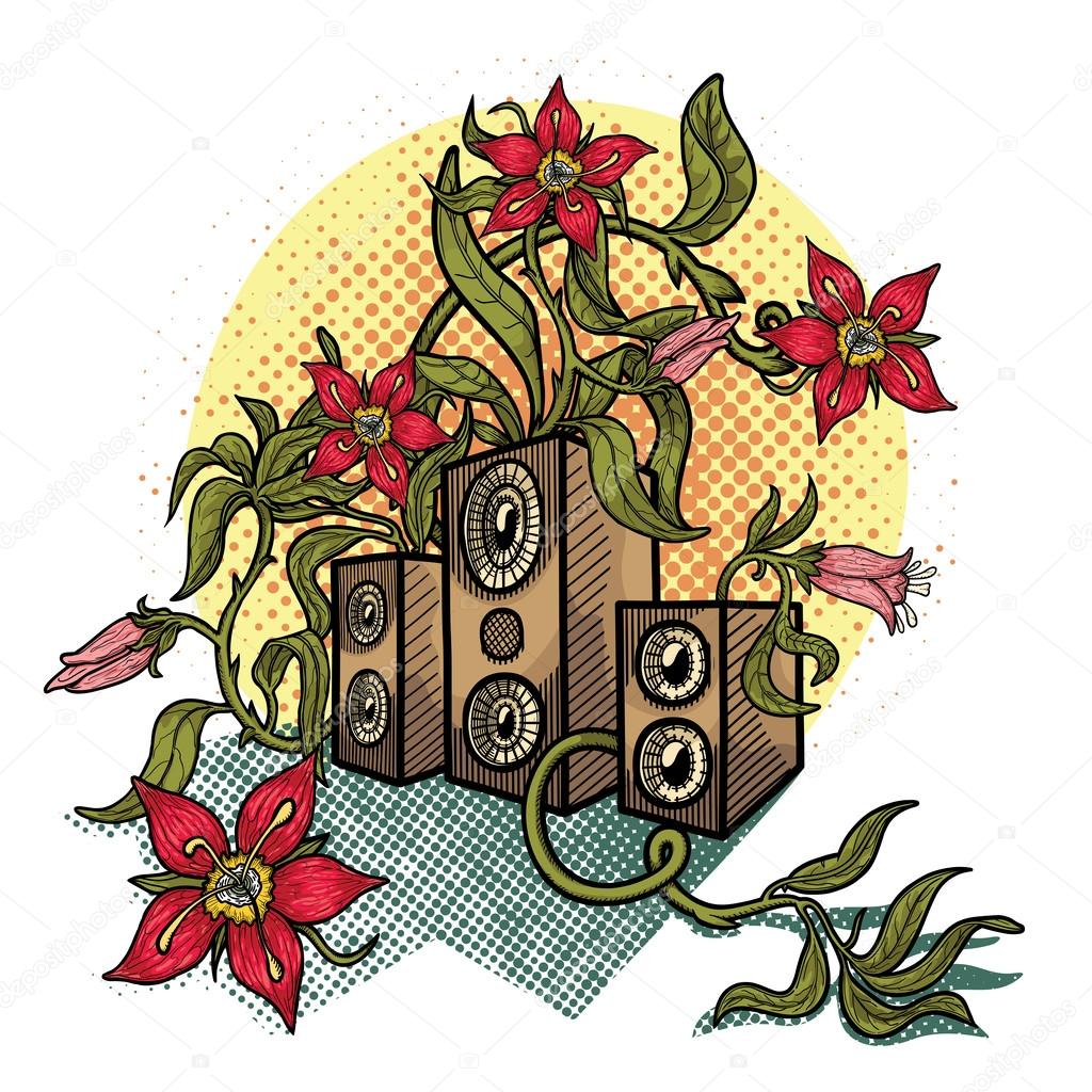 Flowers and music speakers.