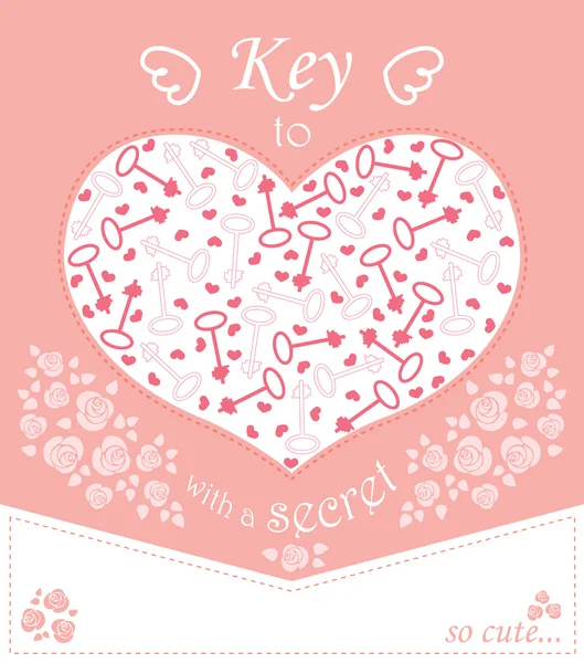 Cute design for greeting card with heart and roses keys. — Stock Vector