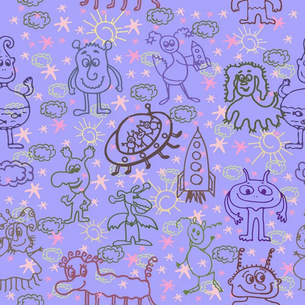 Alien Happy Cute Monsters Seamless Pattern Background - Illustra — Stock Vector