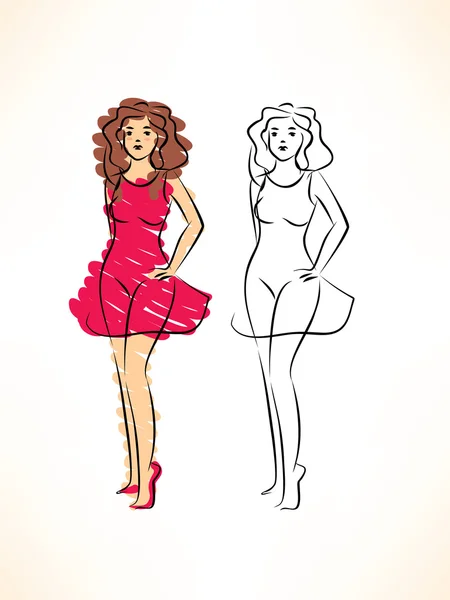 Schets van mooie vrouw in rode jurk — Stockvector