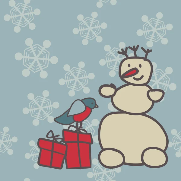 Snowman และ bullfinch พร้อมของขวัญบนพื้นหลังเกล็ดหิมะ — ภาพเวกเตอร์สต็อก