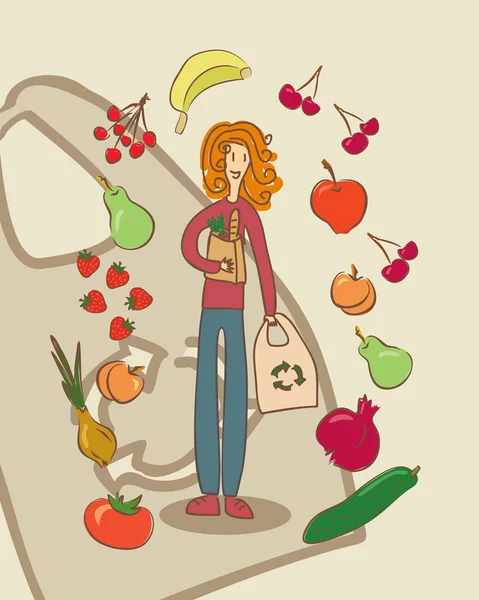 Ręcznie rysowane wegetariańska śmieszne dziewczyna idzie na zakupy — Wektor stockowy