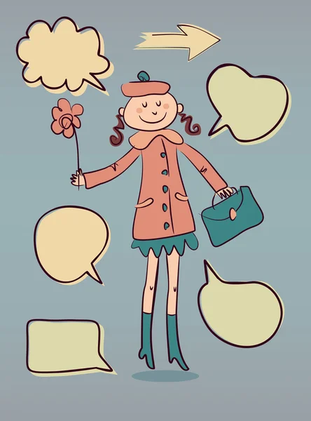 Sevimli çizgi Bayan ile konuşma kabarcıklar doodle — Stok Vektör